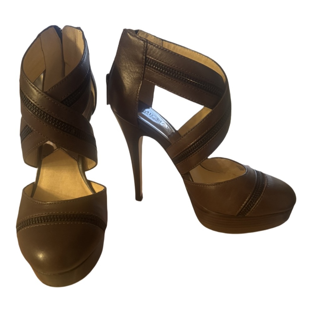 KORS Michael Kors Brown Chunky Heel Leather Heels
